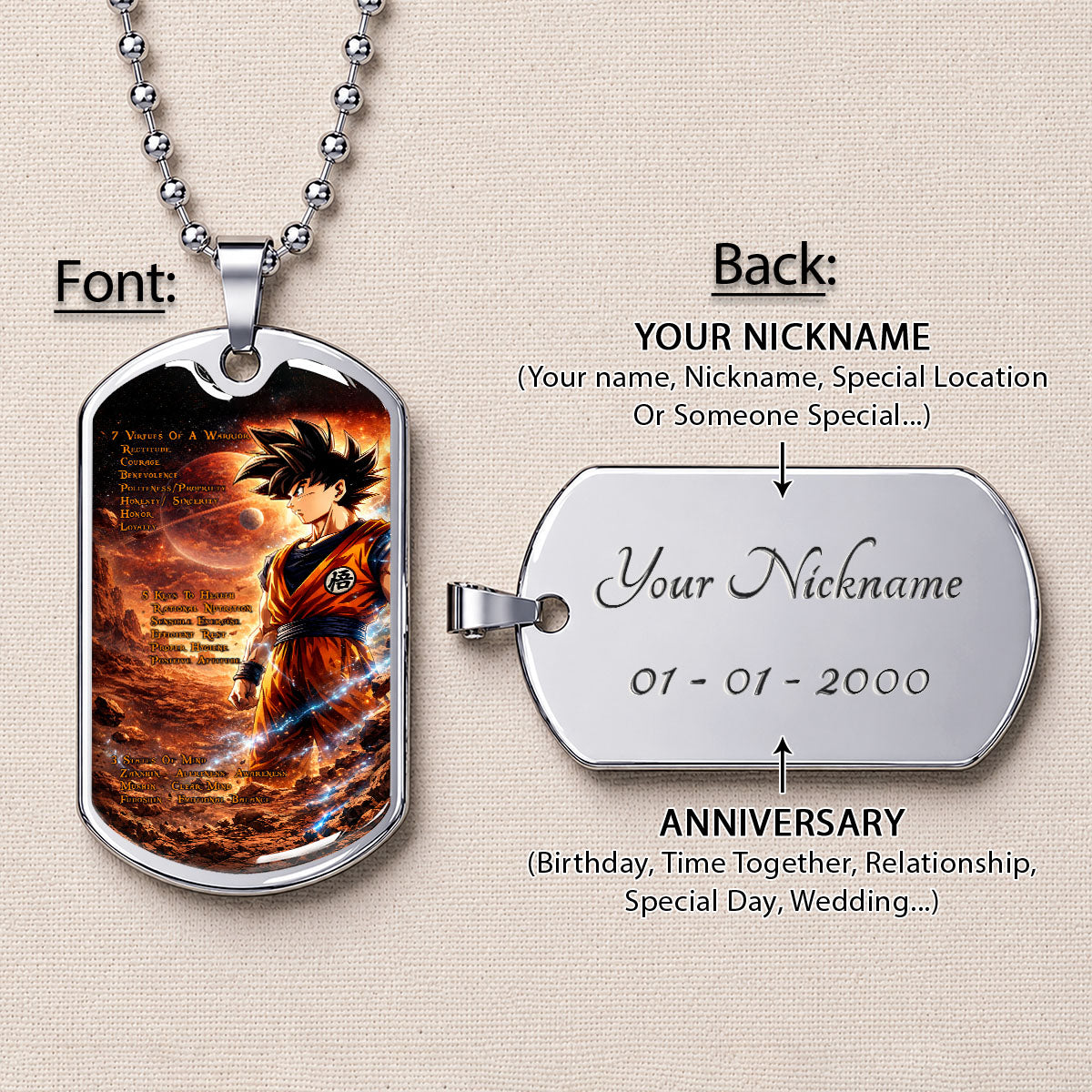 Dragon Ball Dog Tag Necklace - DRDL080 - Goku - 7 Virtues of a Warrior - 5 Keys to Health - Military Ball Chain