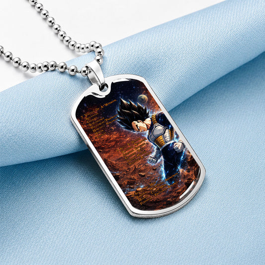 Custom Dragon Ball Vegeta Dog Tag Necklace - Motivational Quote “7 Virtues of a Warrior & 5 Keys to Health” Stainless Steel Pendant - Gift for DBZ Fans - DRDL081