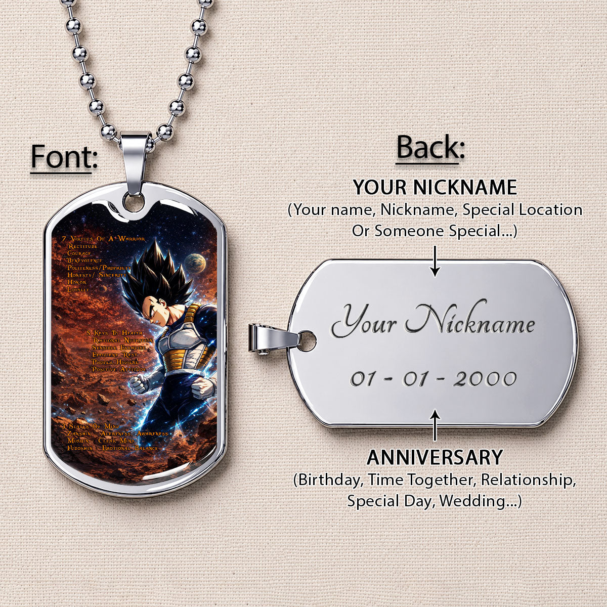Dragon Ball Dog Tag Necklace - DRDL081 - Vegeta - 7 Virtues of a Warrior - 5 Keys to Health - Military Ball Chain