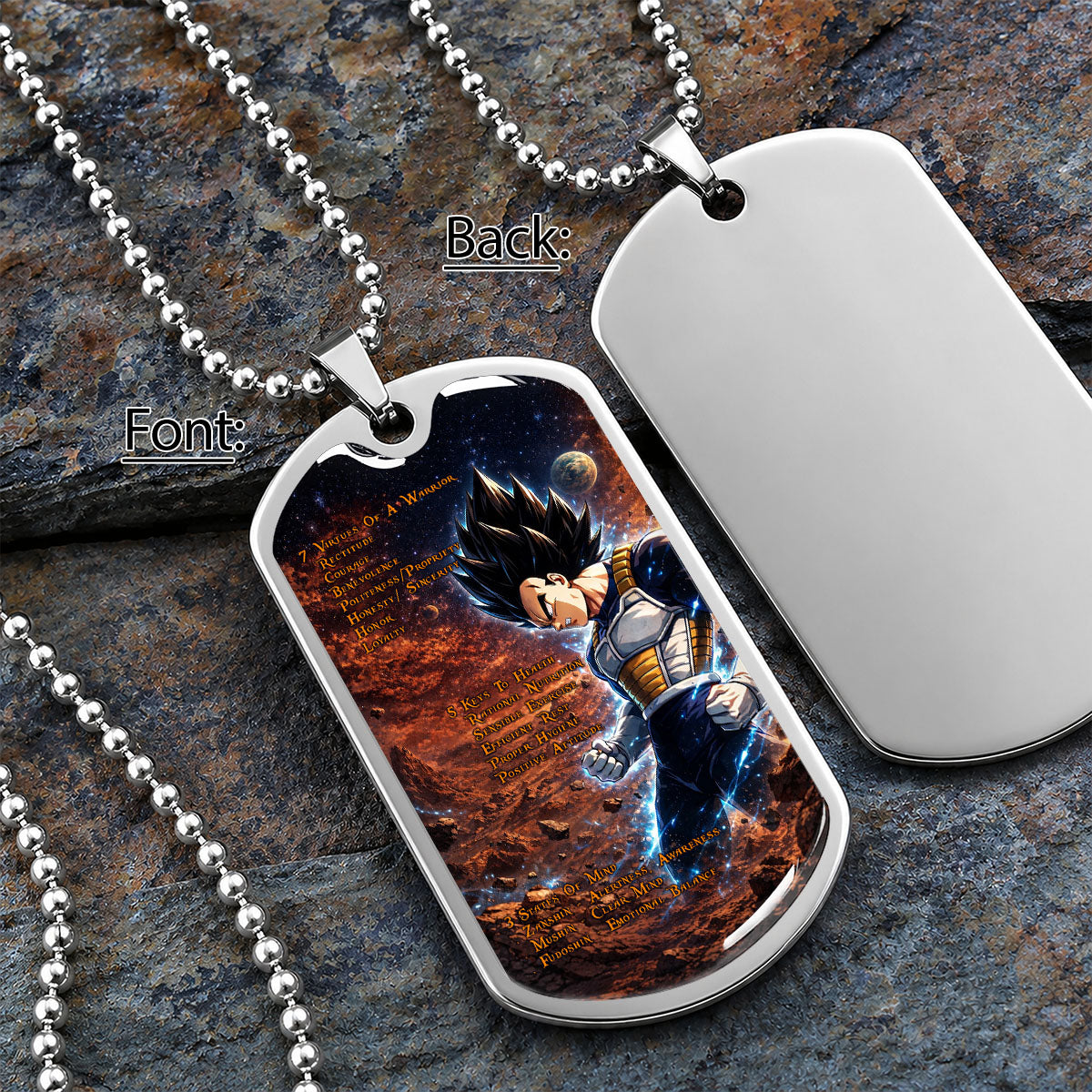 Dragon Ball Dog Tag Necklace - DRDL081 - Vegeta - 7 Virtues of a Warrior - 5 Keys to Health - Military Ball Chain