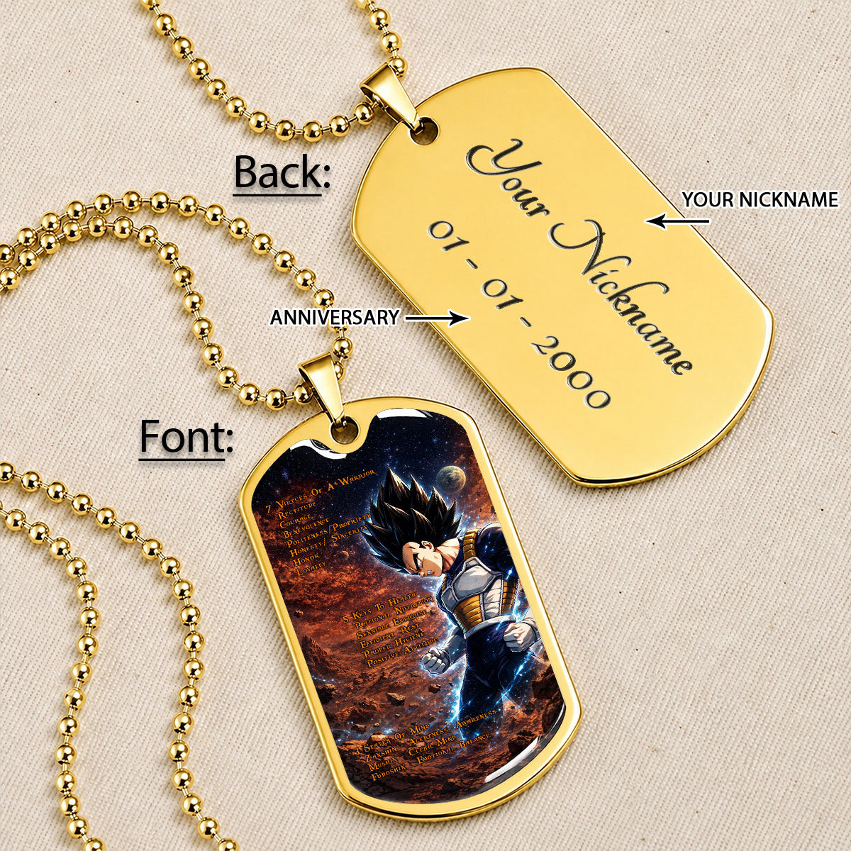 Dragon Ball Dog Tag Necklace - DRDL081 - Vegeta - 7 Virtues of a Warrior - 5 Keys to Health - Military Ball Chain