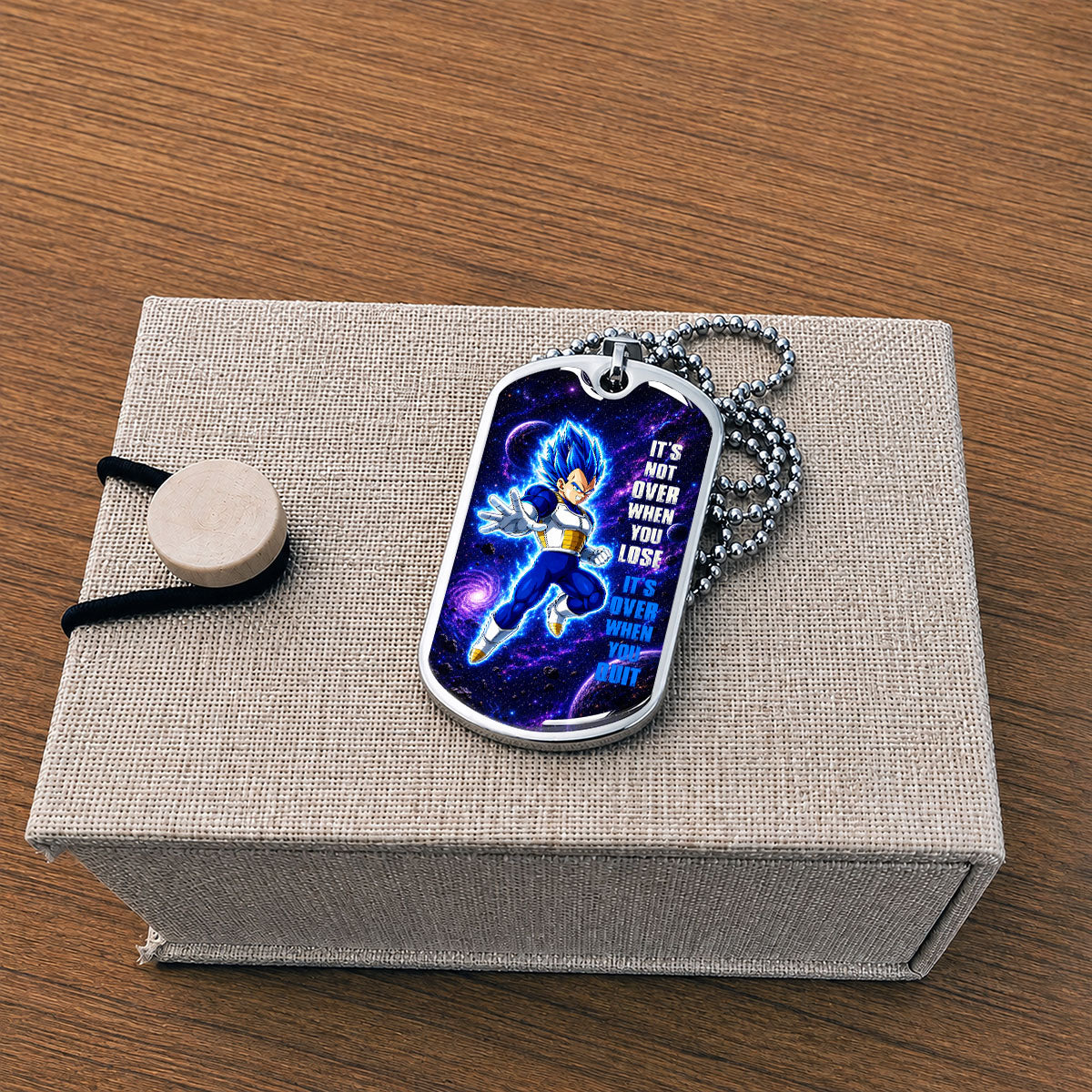 Dragon Ball Dog Tag Necklace - DRDL083 - Super Saiyan Blue Vegeta - It's Not Over When You Lose - Military Ball Chain