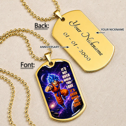 Custom Dragon Ball Saiyan Blue Vegeta Dog Tag Necklace - Motivational Quote “It's Not Over When You Lose” Stainless Steel Pendant - Gift for DBZ Fans - DRDL084