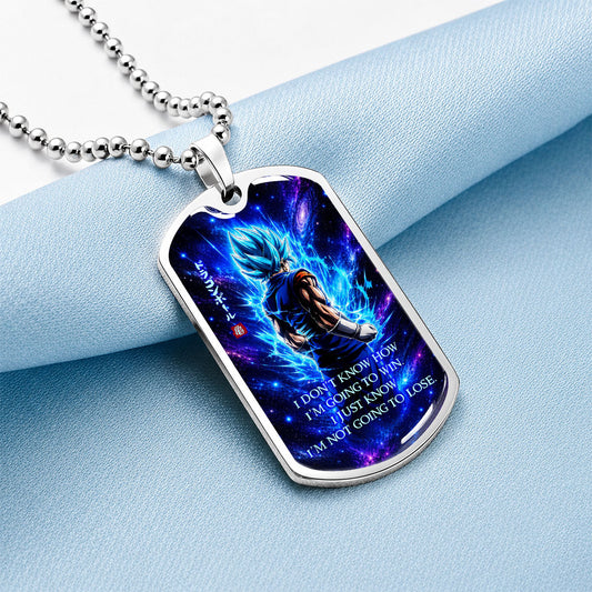Custom Dragon Ball Saiyan Blue Vegito Dog Tag Necklace - Motivational Quote "I'm Not Going To Lose" Stainless Steel Pendant - Anime Gift for DBZ Fans - DRDL098