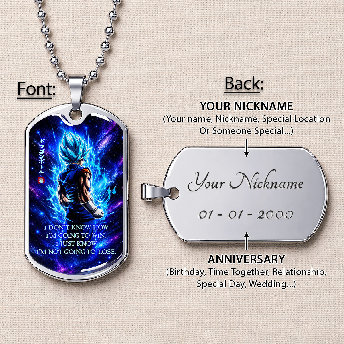 Dragon Ball Dog Tag Necklace - DRDL098 - Super Saiyan Blue Vegito - I'm Not Going To Lose - Military Ball Chain