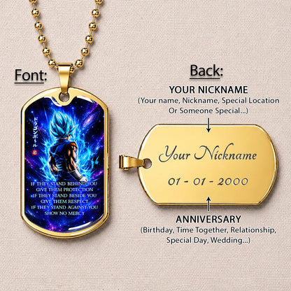 Custom Dragon Ball Super Saiyan Blue Vegito Dog Tag Necklace - Motivational Quote “Show No Mercy” Stainless Steel Pendant - Anime Gift for DBZ Fans - DRDL099