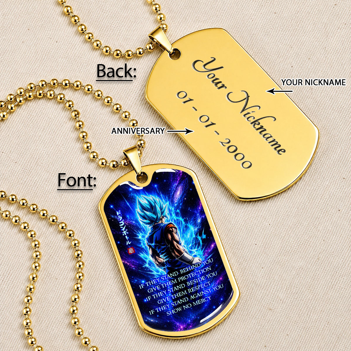 Custom Dragon Ball Super Saiyan Blue Vegito Dog Tag Necklace - Motivational Quote “Show No Mercy” Stainless Steel Pendant - Anime Gift for DBZ Fans - DRDL099