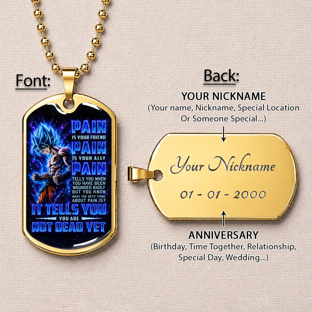 Dragon Ball Dog Tag Necklace - DRDL100 - Super Saiyan Blue Goku - Pain Is Your Friend - Military Ball Chain