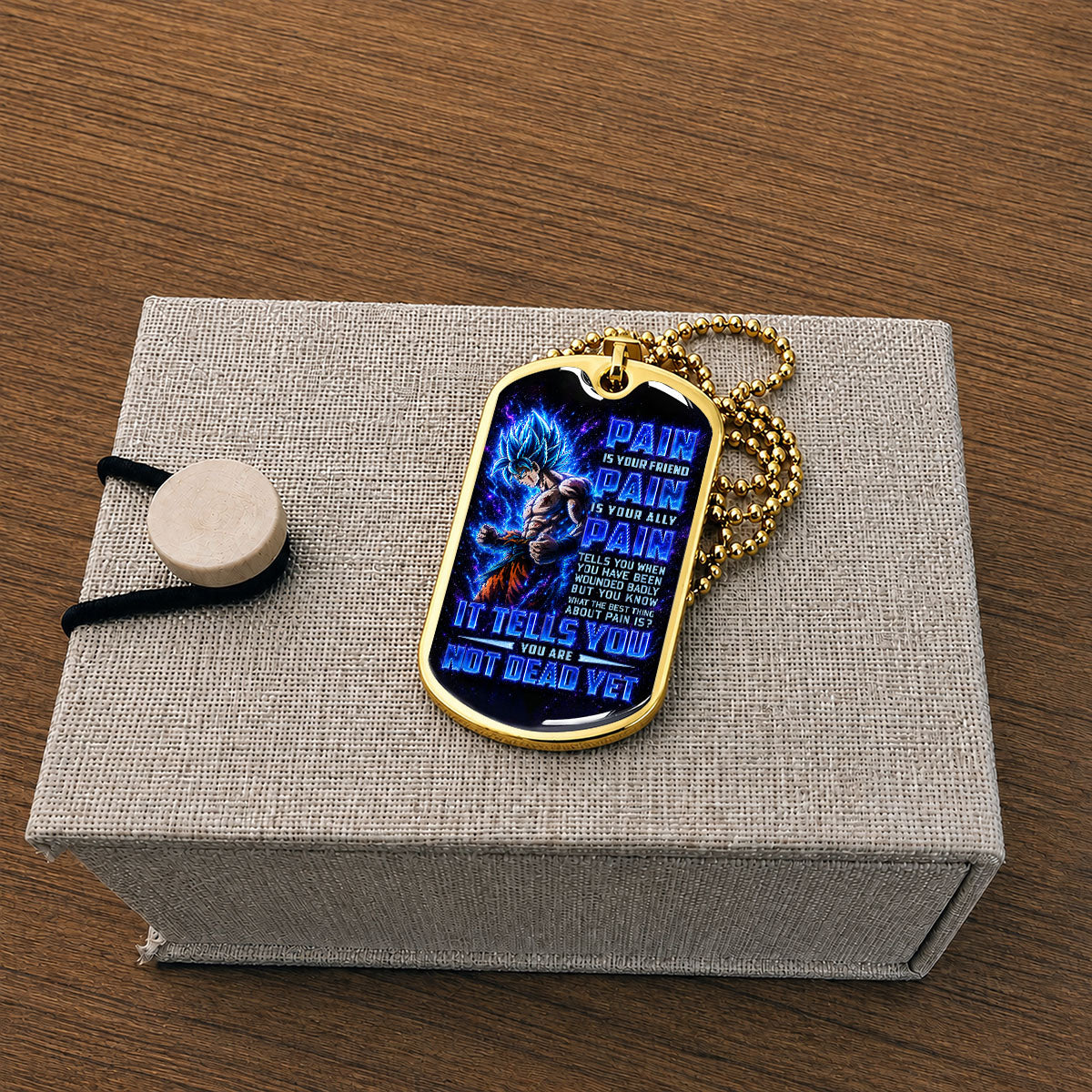 Custom Dragon Ball Super Saiyan Blue Goku Dog Tag Necklace - Motivational Quote “Pain Is Your Friend” Stainless Steel Pendant - Gift for DBZ Fans - DRDL100