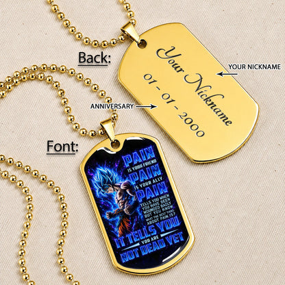 Custom Dragon Ball Super Saiyan Blue Goku Dog Tag Necklace - Motivational Quote “Pain Is Your Friend” Stainless Steel Pendant - Gift for DBZ Fans - DRDL100