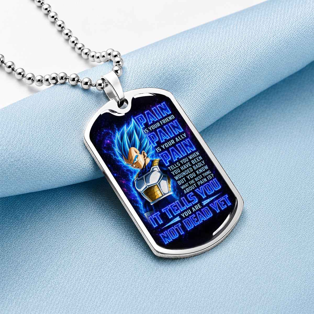Custom Dragon Ball Super Saiyan Blue Vegeta Dog Tag Necklace - Motivational Quote “Pain Is Your Friend” Stainless Steel Pendant - Gift for DBZ Fans - DRDL102