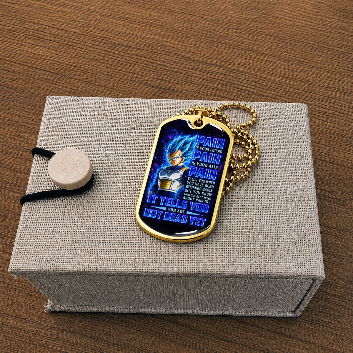 Custom Dragon Ball Super Saiyan Blue Vegeta Dog Tag Necklace - Motivational Quote “Pain Is Your Friend” Stainless Steel Pendant - Gift for DBZ Fans - DRDL102