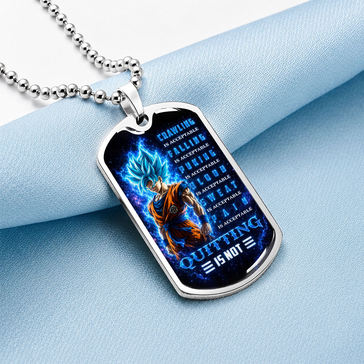Custom Dragon Ball Super Saiyan Blue Goku Dog Tag Necklace - Motivational Quote “Quitting Is Not” Stainless Steel Pendant - Anime Gift for DBZ Fans - DRDL103