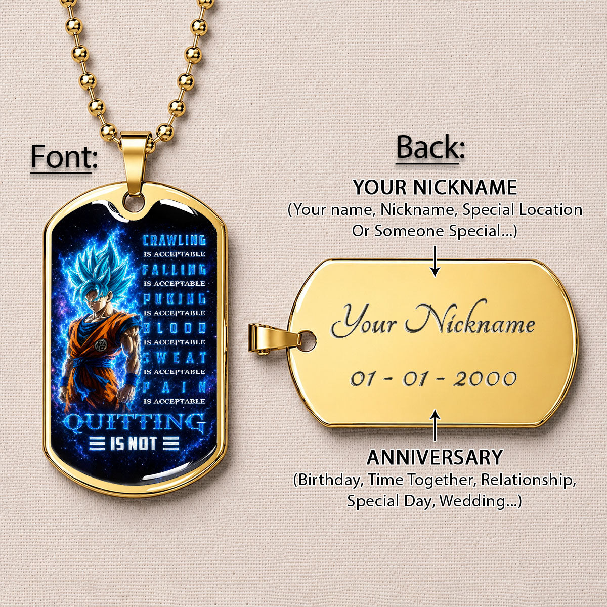 Custom Dragon Ball Super Saiyan Blue Goku Dog Tag Necklace - Motivational Quote “Quitting Is Not” Stainless Steel Pendant - Anime Gift for DBZ Fans - DRDL103