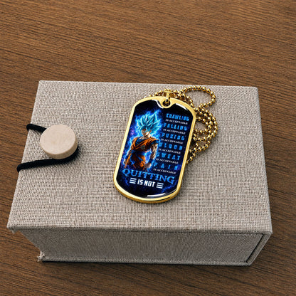 Custom Dragon Ball Super Saiyan Blue Goku Dog Tag Necklace - Motivational Quote “Quitting Is Not” Stainless Steel Pendant - Anime Gift for DBZ Fans - DRDL103