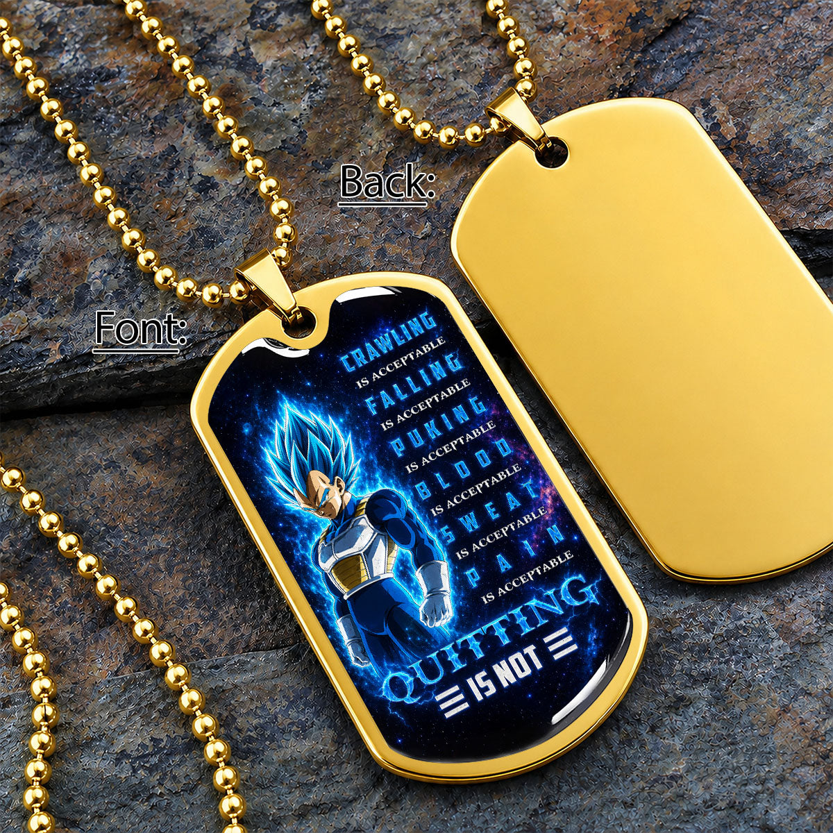 Dragon Ball Dog Tag Necklace - DRDL104 - Super Saiyan Blue Vegeta - Quitting Is Not - Military Ball Chain