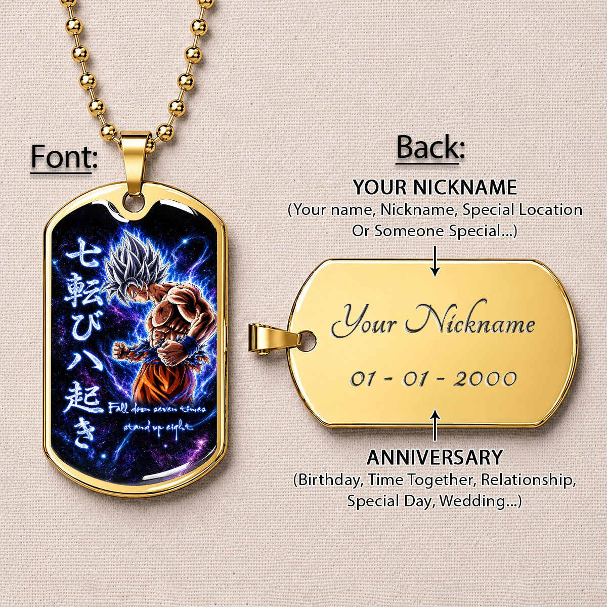 Dragon Ball Dog Tag Necklace - DRDL105 - Ultra Instinct Goku - Fall Down Seven Times Stand Up Eight - Military Ball Chain