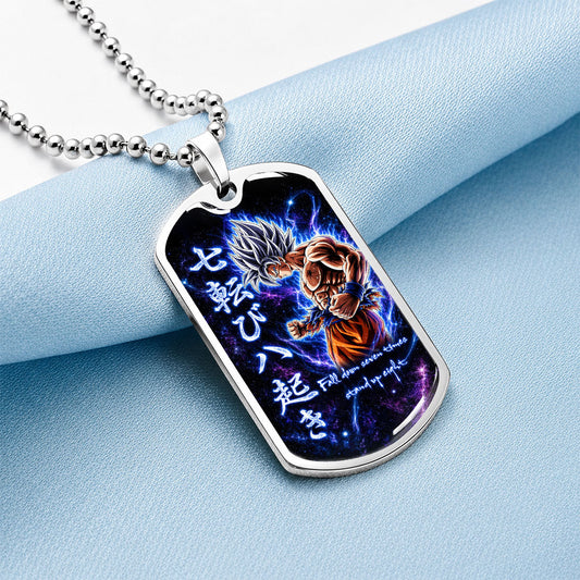 Dragon Ball Dog Tag Necklace - DRDL105 - Ultra Instinct Goku - Fall Down Seven Times Stand Up Eight - Military Ball Chain
