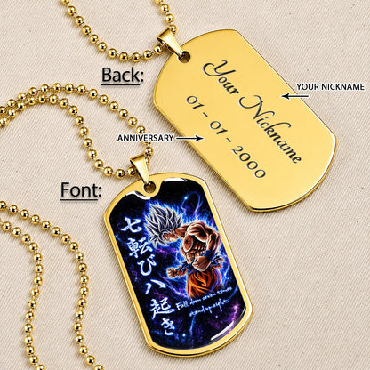 Custom Dragon Ball Ultra Instinct Goku Dog Tag Necklace - Fall Down Seven Times Stand Up Eight” Stainless Steel Pendant - Anime Gift for DBZ Fans - DRDL105