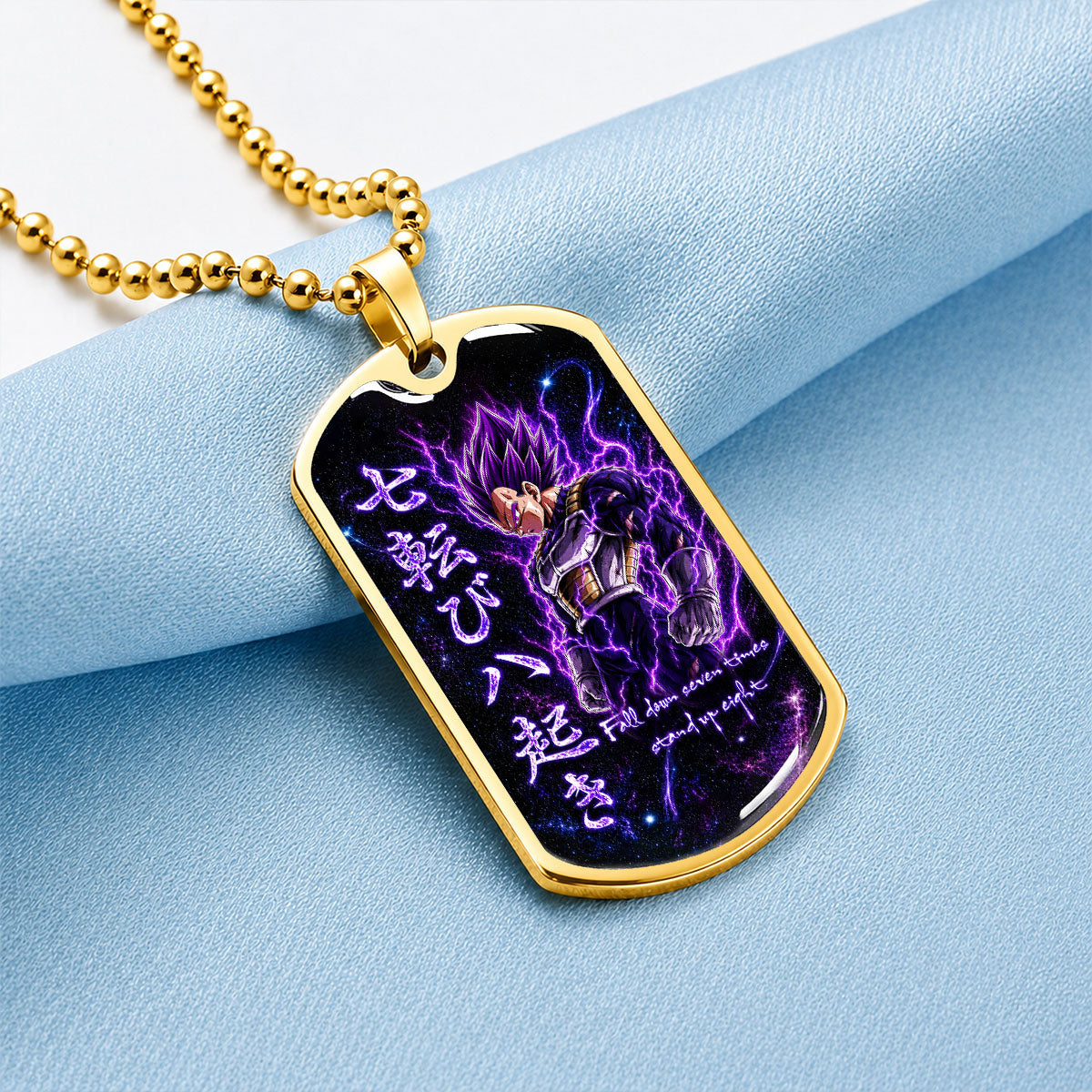 Custom Dragon Ball Ultra Ego Vegeta Dog Tag Necklace - Fall Down Seven Times Stand Up Eight” Stainless Steel Pendant - Anime Gift for DBZ Fans - DRDL106