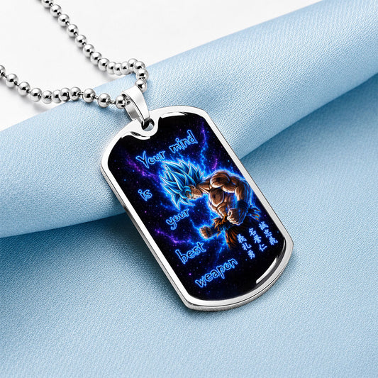 Custom Dragon Ball Super Saiyan Blue Goku Dog Tag Necklace - “Your Mind Is Your Best Weapon” Stainless Steel Pendant - Motivational Gift for DBZ Fans - DRDL108
