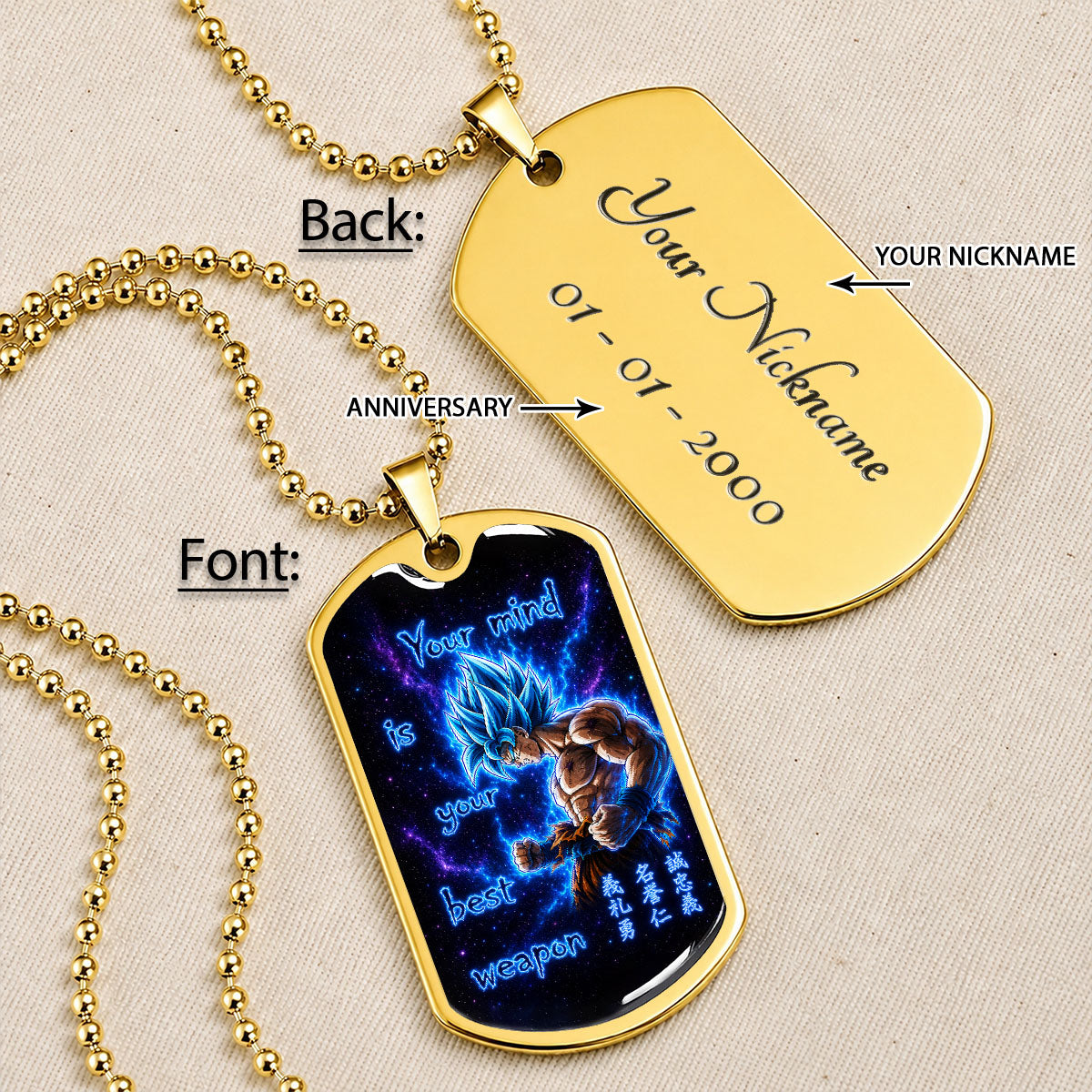 Dragon Ball Dog Tag Necklace - DRDL108 - Super Saiyan Blue Goku - Your Mind Is Your Best Weapon - Military Ball Chain