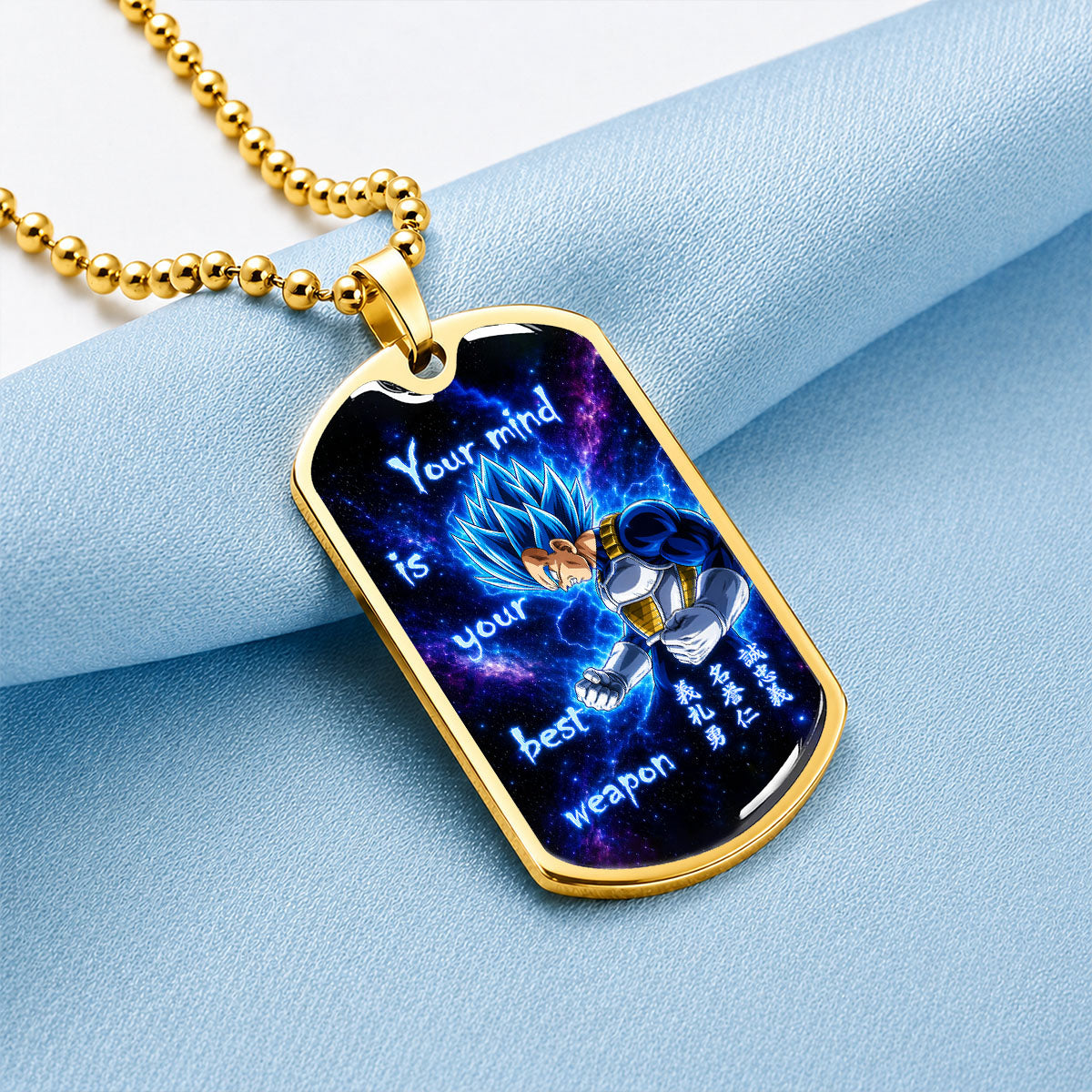Custom Dragon Ball Super Saiyan Blue Vegeta Dog Tag Necklace - “Your Mind Is Your Best Weapon” Stainless Steel Pendant - Motivational Gift for DBZ Fans - DRDL109