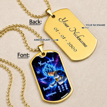 Dragon Ball Dog Tag Necklace - DRDL109 - Super Saiyan Blue Vegeta - Your Mind Is Your Best Weapon - Military Ball Chain