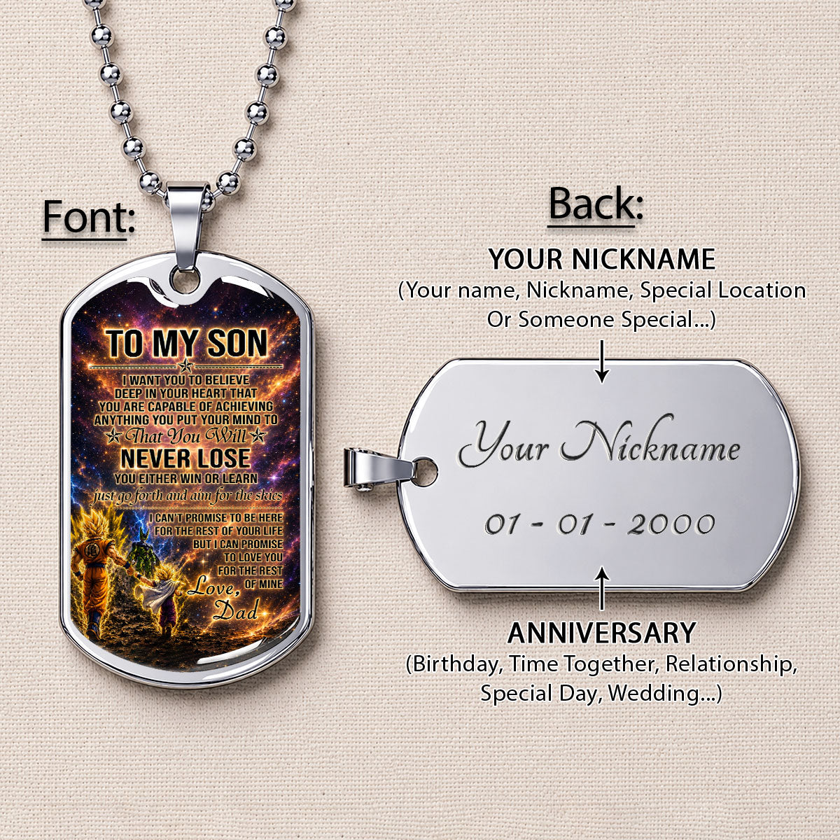 Dragon Ball Dog Tag Necklace - DRDL113 - Goku - Gohan - To My Son From Dad - Gift for DBZ Fans - Military Ball Chain