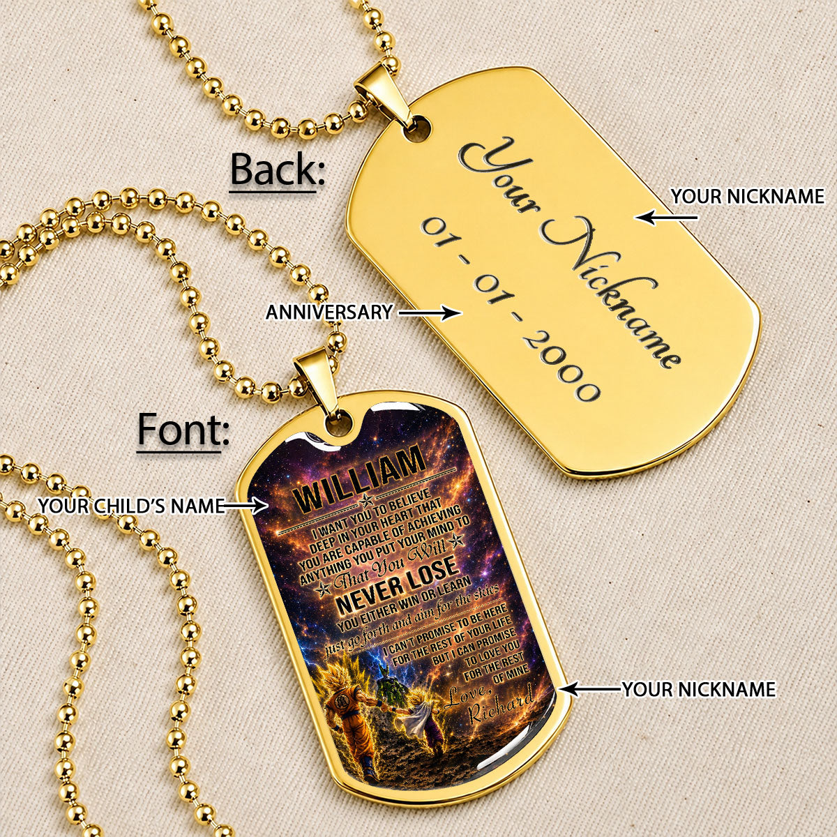 Personalized Dragon Ball Goku & Gohan Dog Tag Necklace - "To My Son From Dad" Stainless Steel Pendant - Meaningful Anime Gift for DBZ Fans - DRDL113