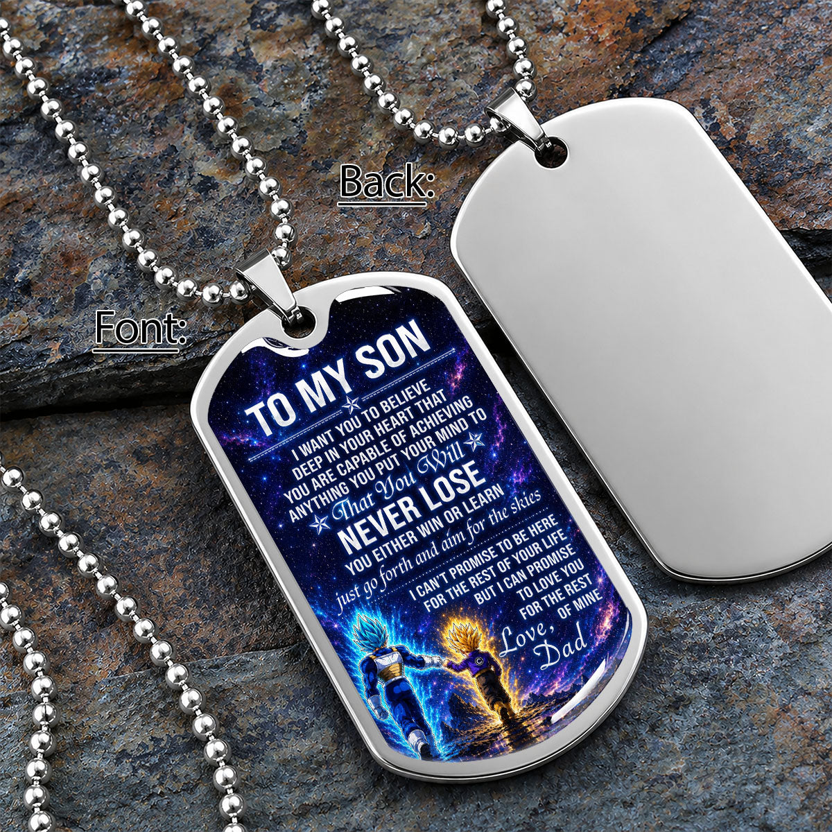 Personalized Dragon Ball Vegeta & Trunks Dog Tag Necklace - "To My Son From Dad" Stainless Steel Pendant - Meaningful Anime Gift for DBZ Fans - DRDL115