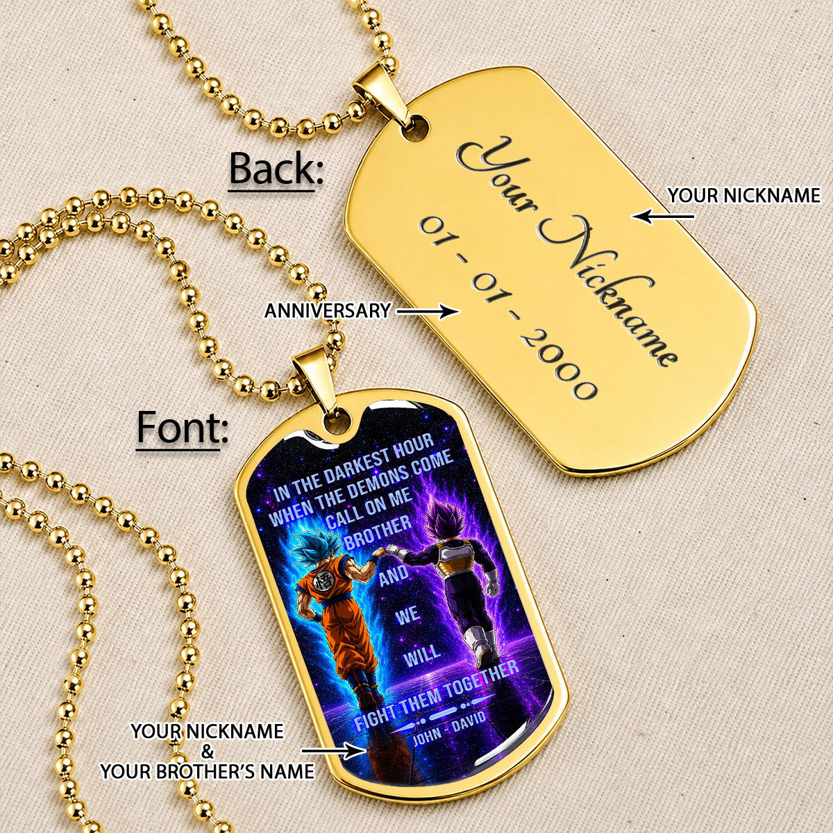 Dragon Ball Dog Tag Necklace - DRDL116 - Goku - Vegeta - Call On Me Brother - Gift for DBZ Fans - Military Ball Chain
