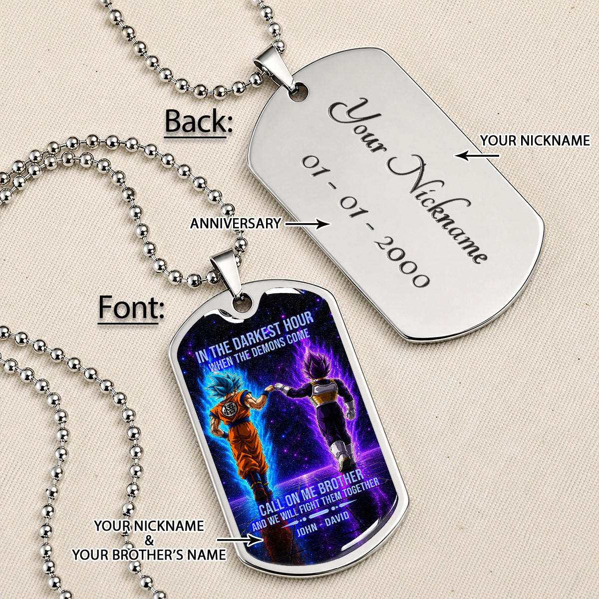 Dragon Ball Dog Tag Necklace - DRDL117 - Goku - Vegeta - Call On Me Brother - Gift for DBZ Fans - Military Ball Chain