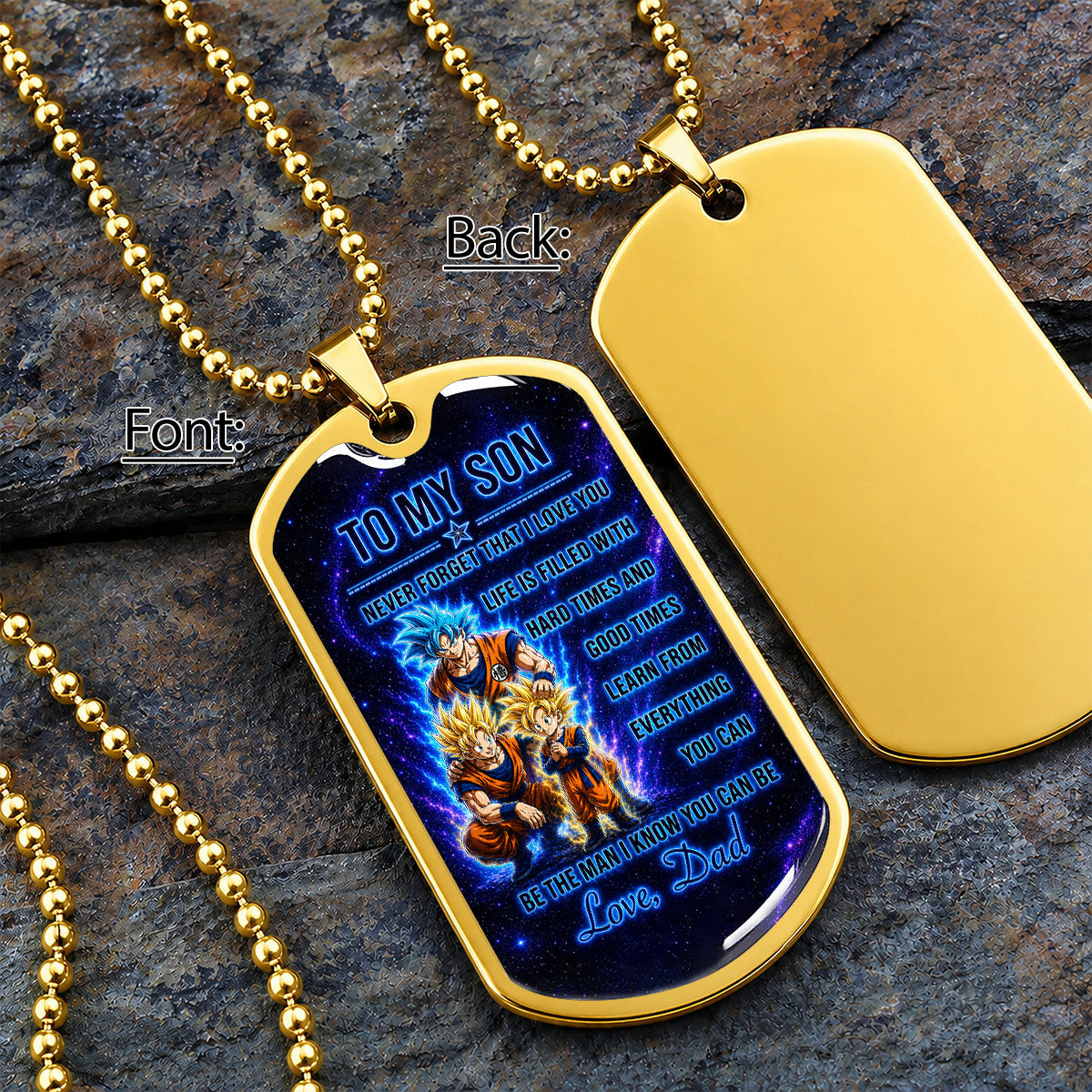 Personalized Dragon Ball Goku & Gohan Dog Tag Necklace - "To My Son From Dad" Stainless Steel Pendant - Meaningful Anime Gift for DBZ Fans - DRDL120