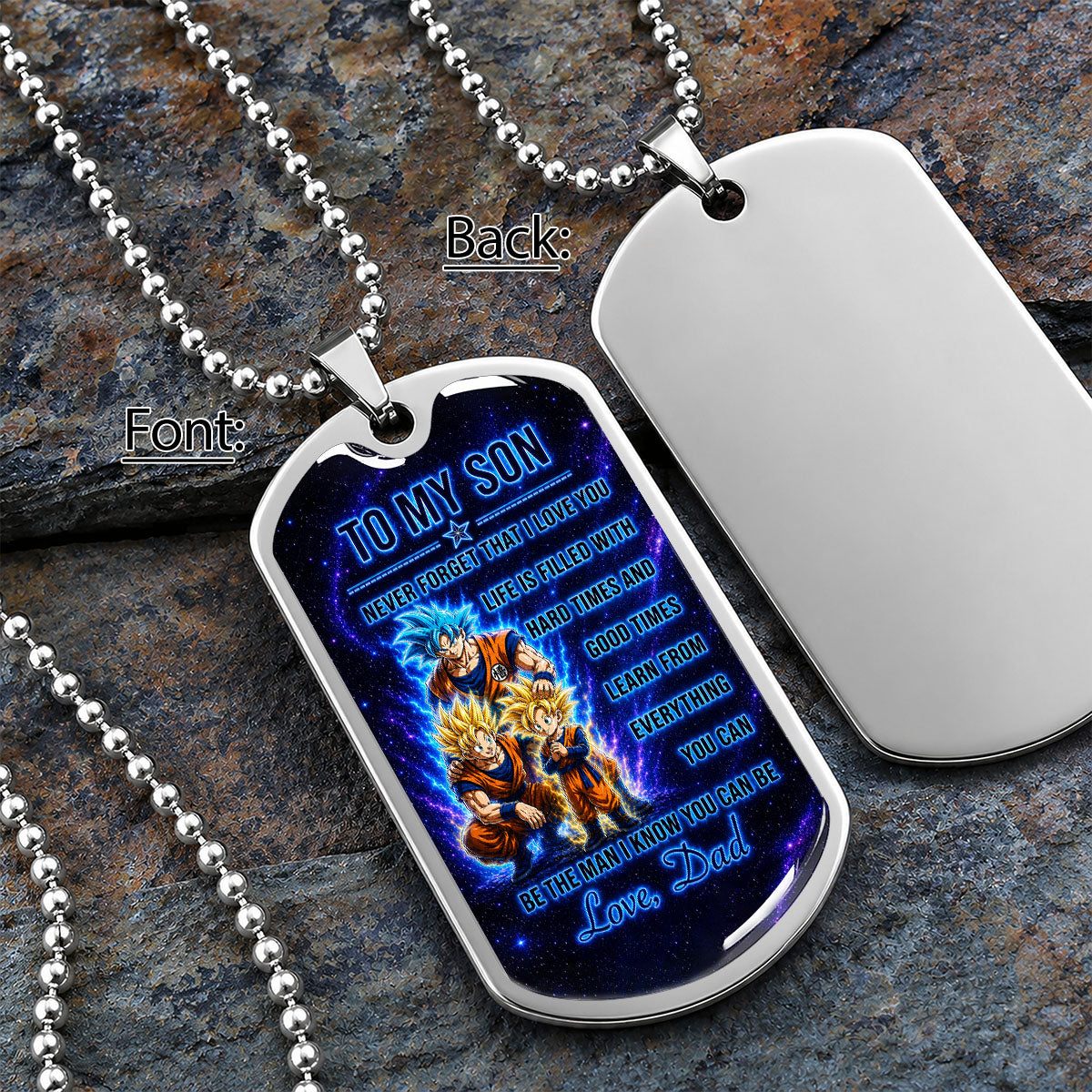Personalized Dragon Ball Goku & Gohan Dog Tag Necklace - "To My Son From Dad" Stainless Steel Pendant - Meaningful Anime Gift for DBZ Fans - DRDL120