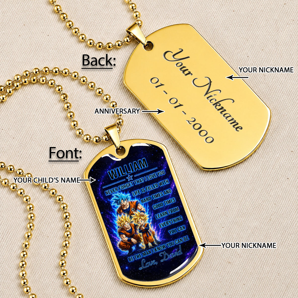Dragon Ball Dog Tag Necklace - DRDL120 - Goku - Gohan - To My Son From Dad - Military Ball Chain