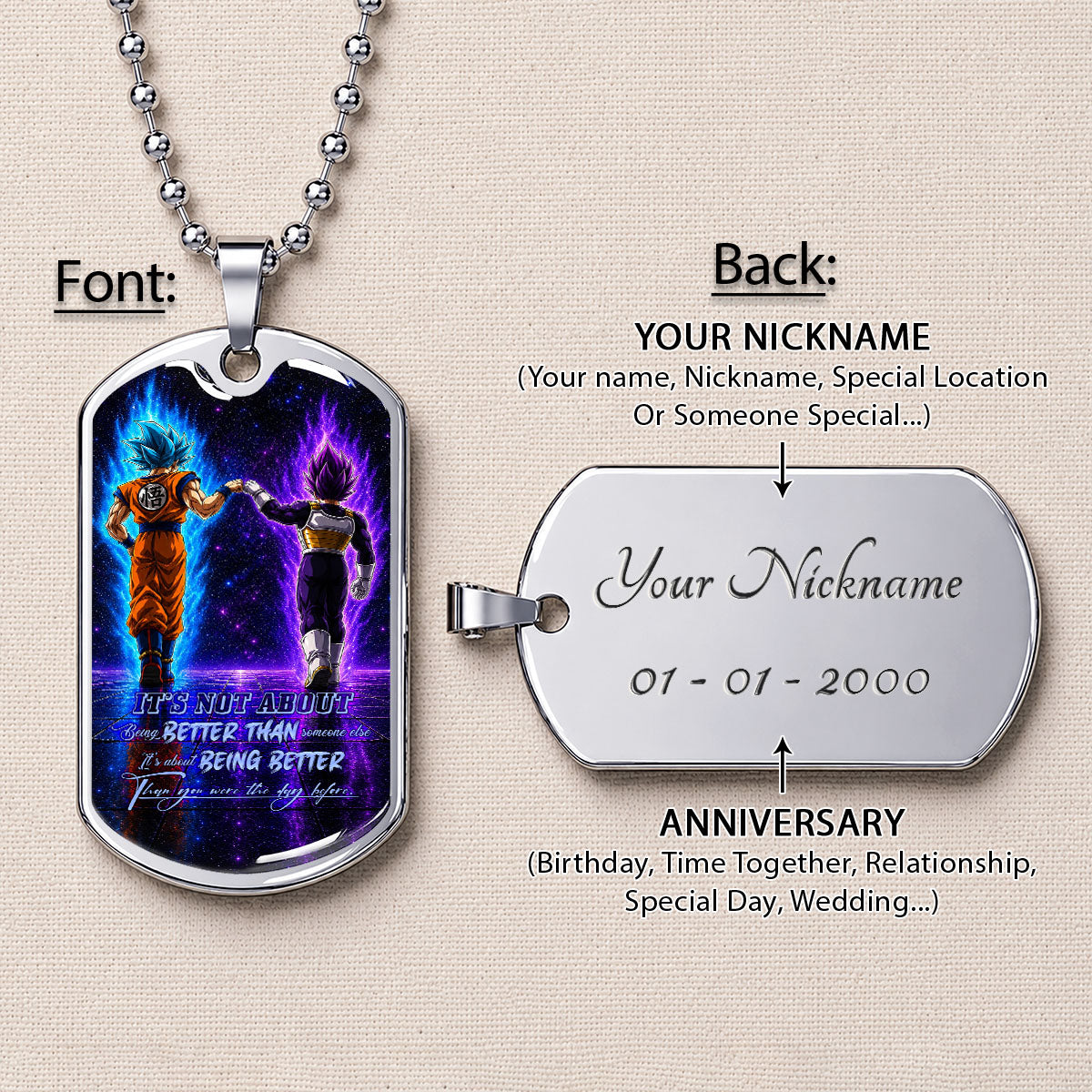 Dragon Ball Dog Tag Necklace - DRDL121 - Goku - Vegeta - Being Better Than Yesterday - Military Ball Chain