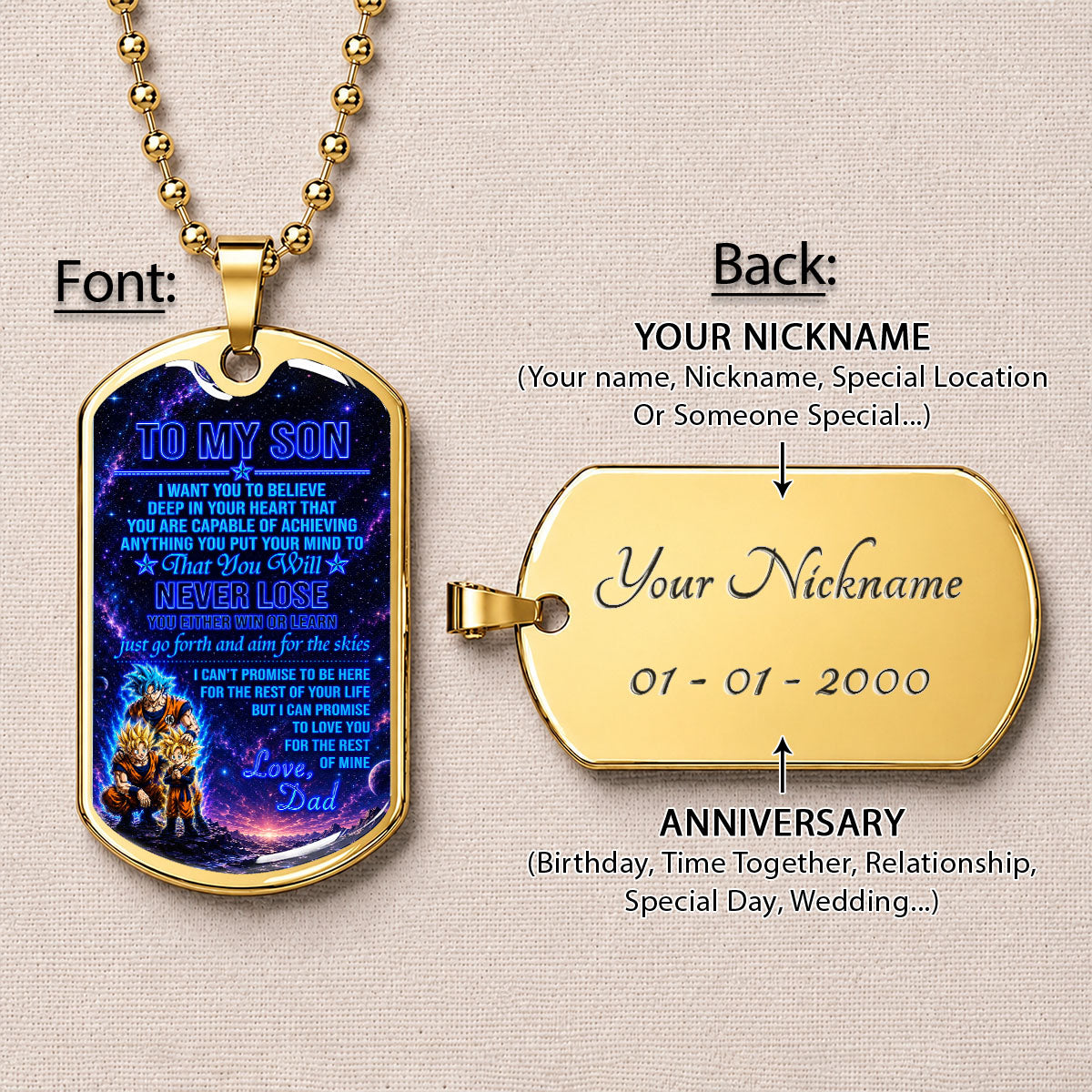 Dragon Ball Dog Tag Necklace - DRDL124 - Goku - Gohan - To My Son From Dad - Gift for DBZ Fans - Military Ball Chain