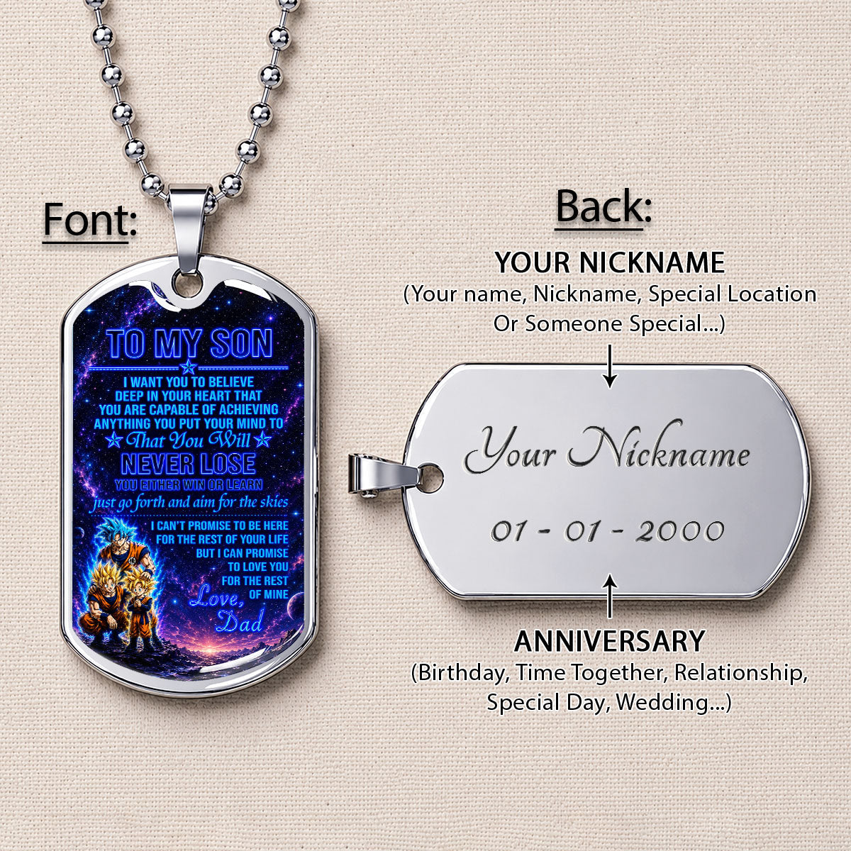 Dragon Ball Dog Tag Necklace - DRDL124 - Goku - Gohan - To My Son From Dad - Gift for DBZ Fans - Military Ball Chain