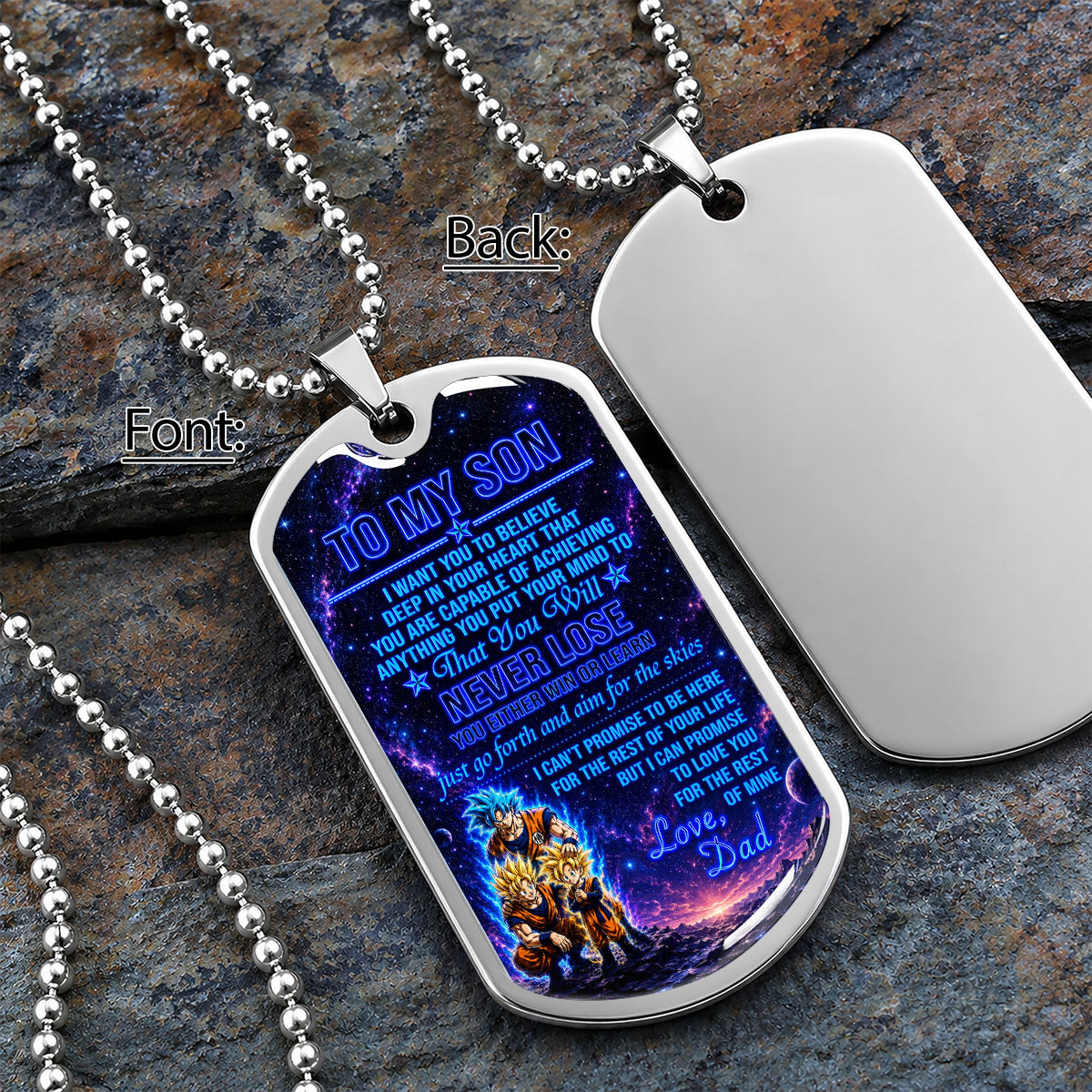 Personalized Dragon Ball Goku & Gohan Dog Tag Necklace - "To My Son From Dad" Stainless Steel Pendant - Meaningful Anime Gift for DBZ Fans - DRDL124