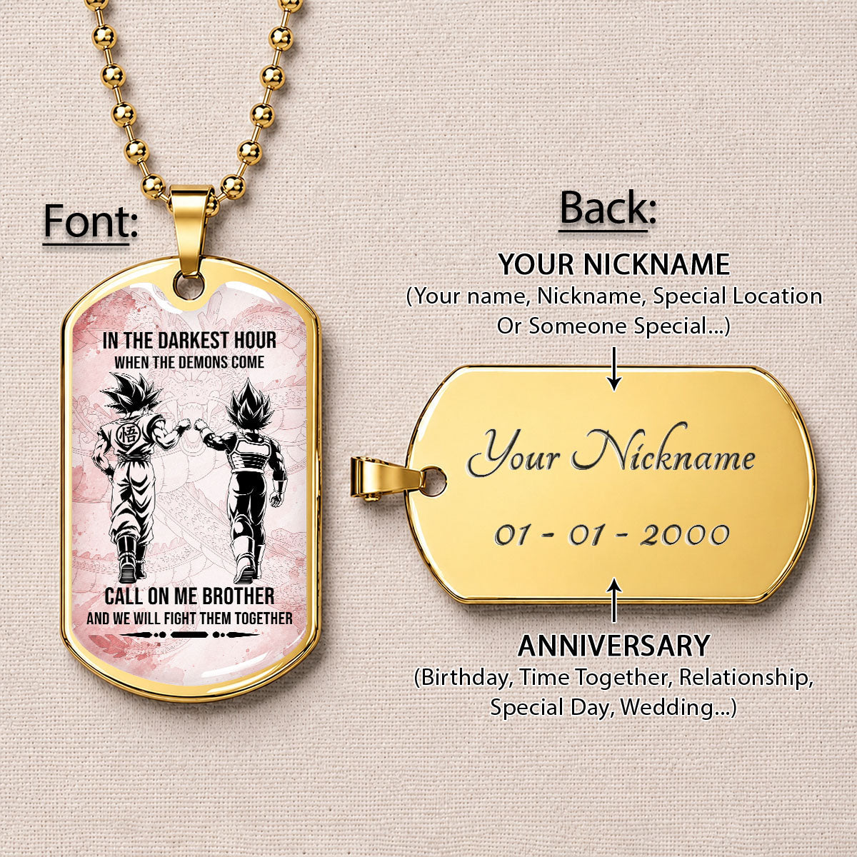 Dragon Ball Dog Tag Necklace - DRDL125 - Goku - Vegeta - Call On Me Brother - Gift for DBZ Fans - Military Ball Chain