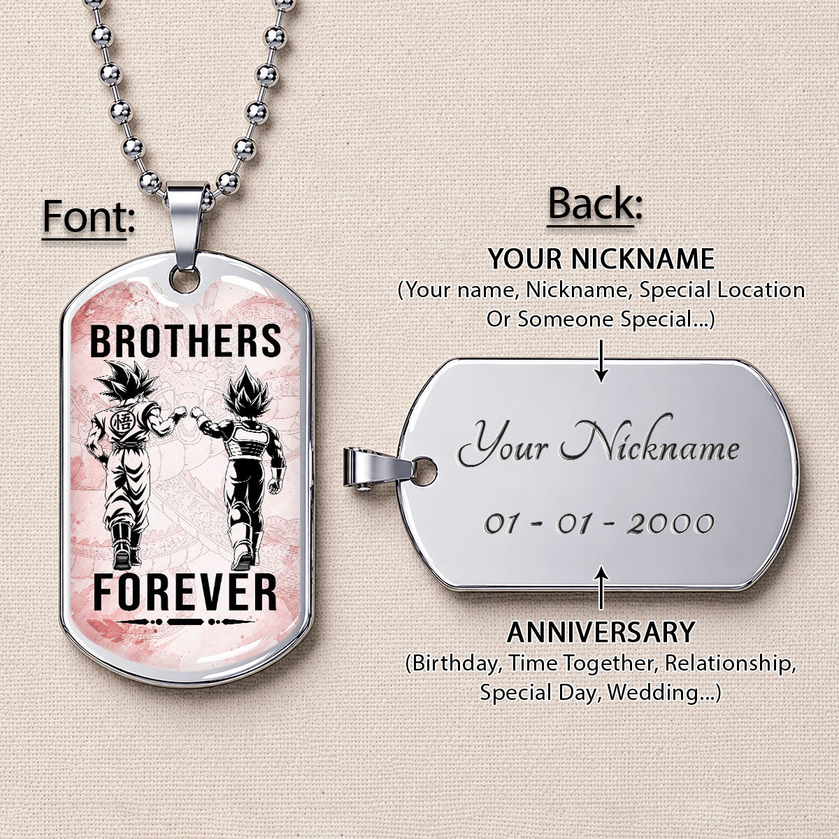 Dragon Ball Dog Tag Necklace - DRDL126 - Goku - Vegeta - Brothers Forever - Gift for DBZ Fans - Military Ball Chain