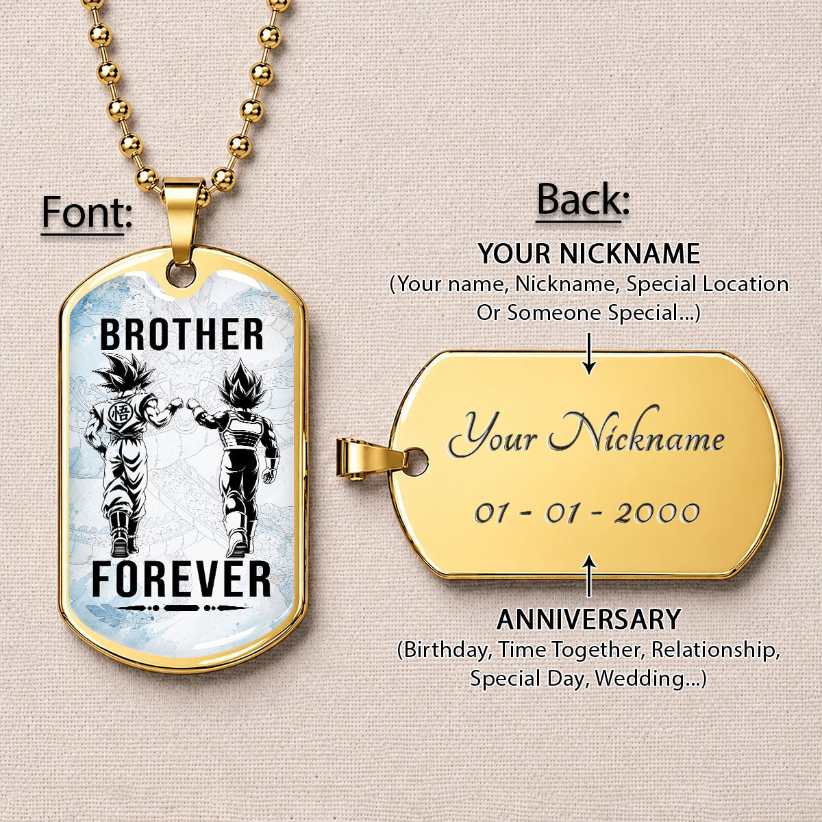 Dragon Ball Dog Tag Necklace - DRDL127 - Goku - Vegeta - Brother Forever - Gift for DBZ Fans - Military Ball Chain