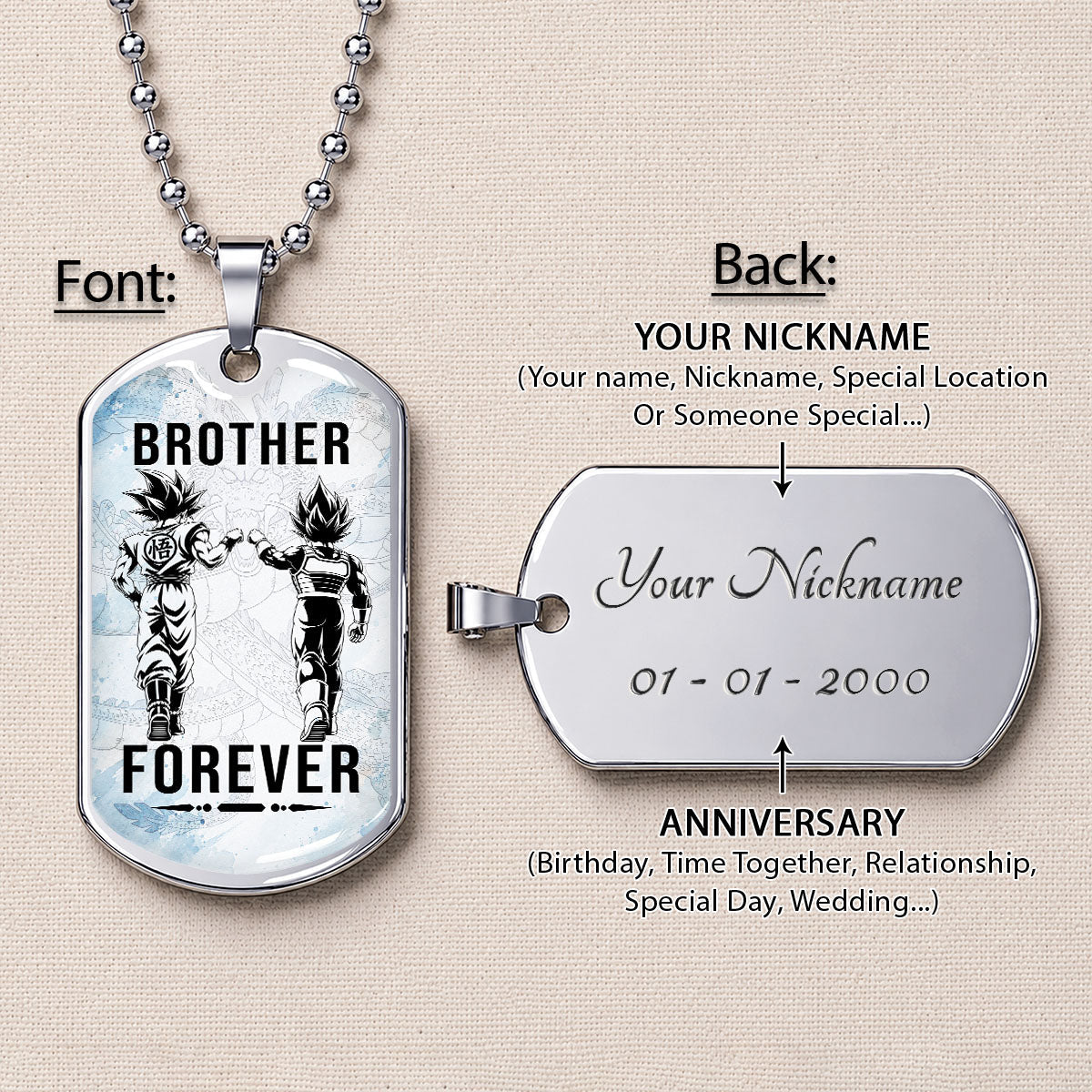 Custom Dragon Ball Goku & Vegeta Brother Dog Tag Necklace - Motivational Quote "Brother Forever"  Stainless Steel Pendant - Anime Gift for DBZ Fans - DRDL127