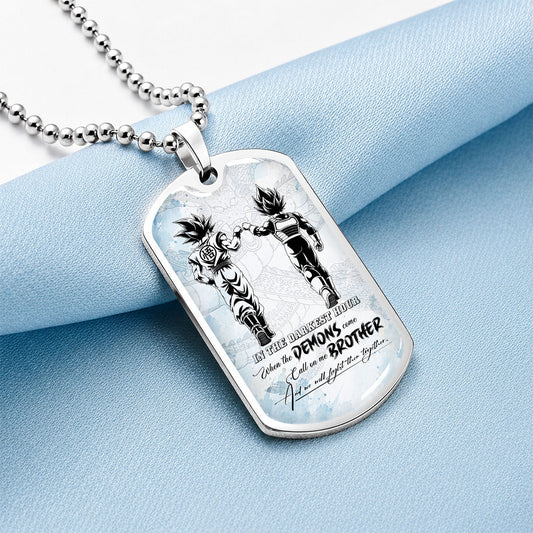 Dragon Ball Dog Tag Necklace - DRDL128 - Goku - Vegeta - Call On Me Brother - Gift for DBZ Fans - Military Ball Chain