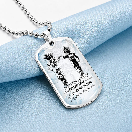 Custom Dragon Ball Goku & Vegeta Dog Tag Necklace - Motivational Quote "Being Better Than Yesterday" Stainless Steel Pendant - Anime Gift for DBZ Fans - DRDL129