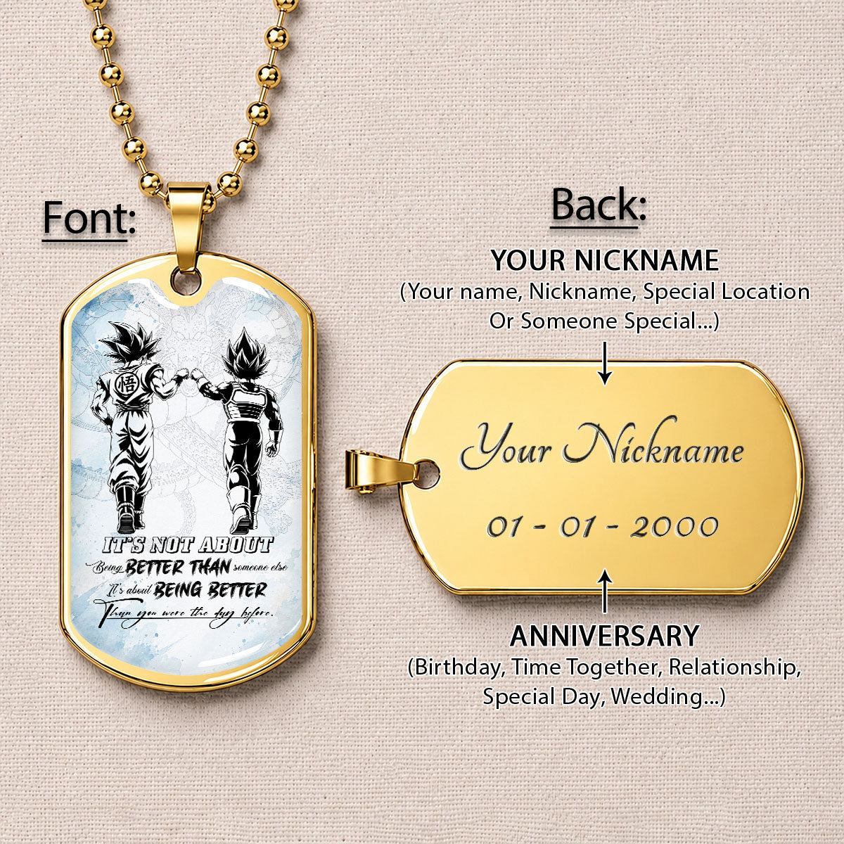 Custom Dragon Ball Goku & Vegeta Dog Tag Necklace - Motivational Quote "Being Better Than Yesterday" Stainless Steel Pendant - Anime Gift for DBZ Fans - DRDL129