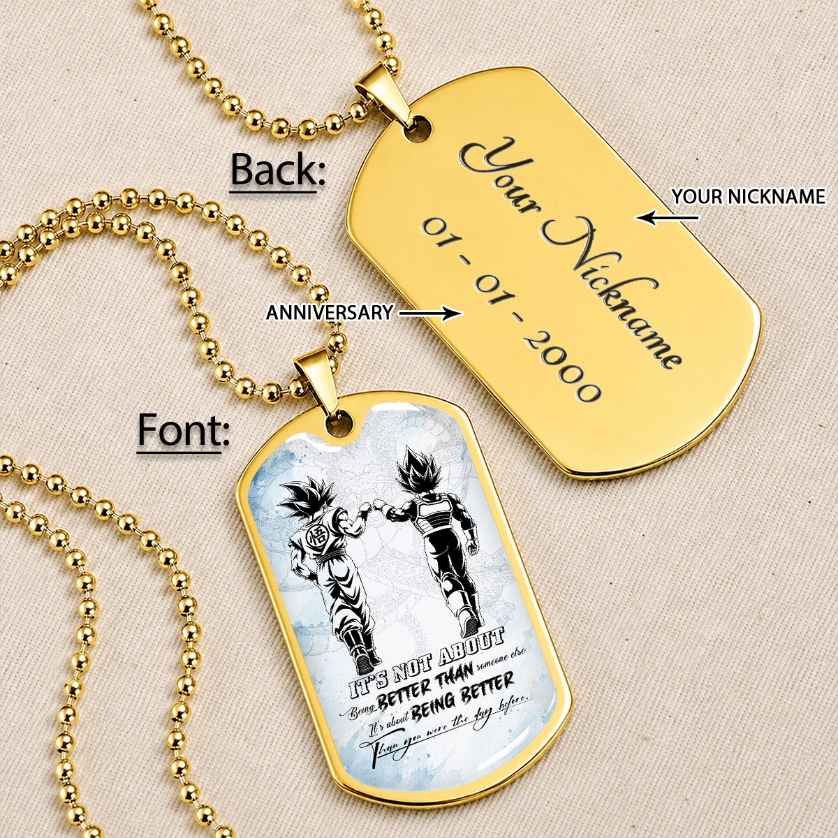 Dragon Ball Dog Tag Necklace - DRDL129 - Goku - Vegeta - Being Better Than Yesterday - Military Ball Chain