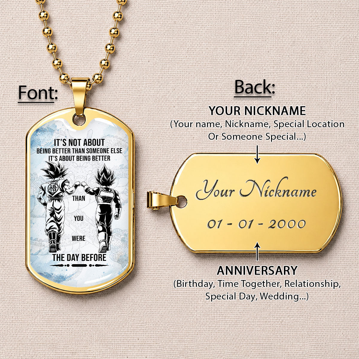 Dragon Ball Dog Tag Necklace - DRDL130 - Goku - Vegeta - Being Better Than Yesterday - Military Ball Chain