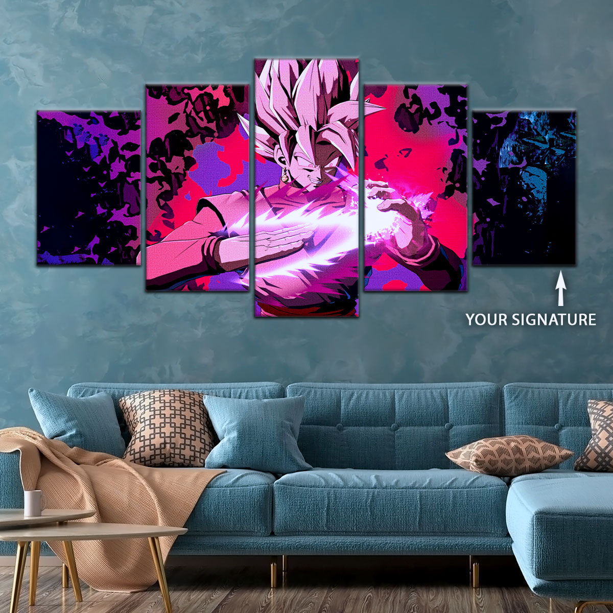 Dragon Ball Super Saiyan Rose Black Goku Canvas Wall Art - 5 Piece Split Panel DBZ Anime Poster - Ready to Hang Living Room Man Cave Decor - DR5007